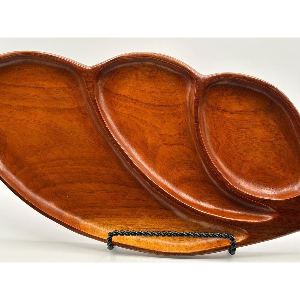 Vintage MCM Monkey Pod Wood Serving Tray 3 Compartment Snack Dish